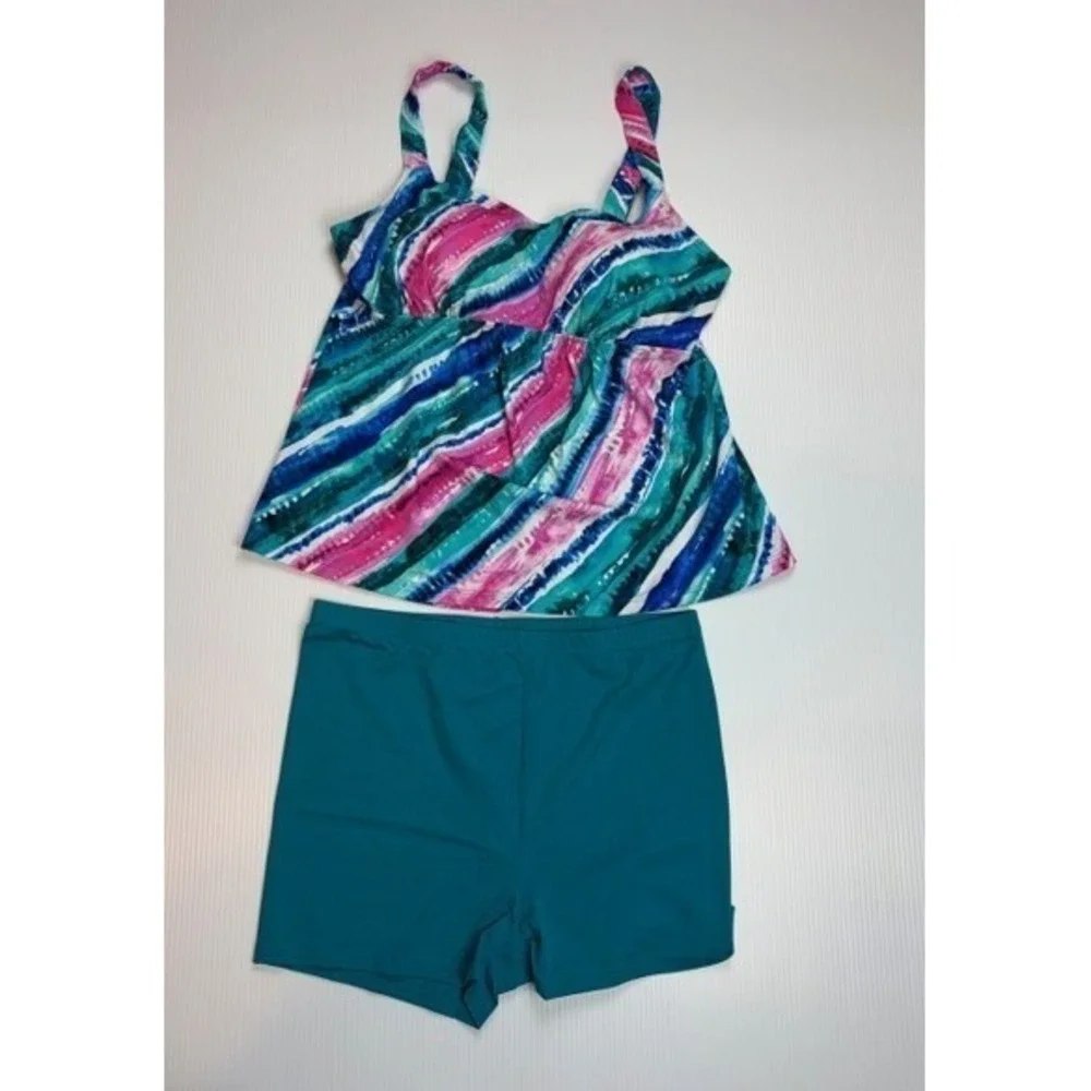 Kim Gravel x Swimsuits For All 2PC Tankini 12 Abstract Stripe‎ Swim Shorts Retro